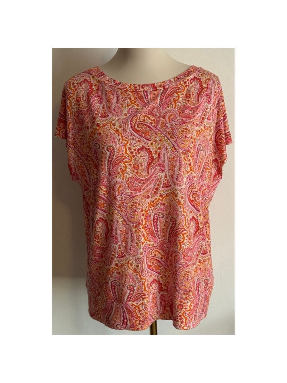 Women's TALBOTS Petite XSP Pink Orange Paisley Short Sleeve Tee